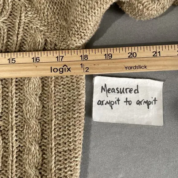 Y2K Cable Knit Cardigan Size Large Tan Button Sweater Pockets Chunky Academia - Picture 8 of 9